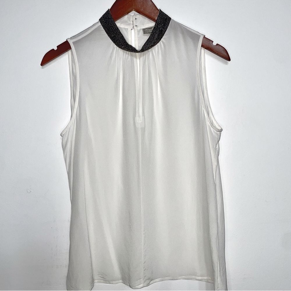 GO by GoSilk Washable Silk Blouse w/ Silver Beaded Collar - Women’s size Small